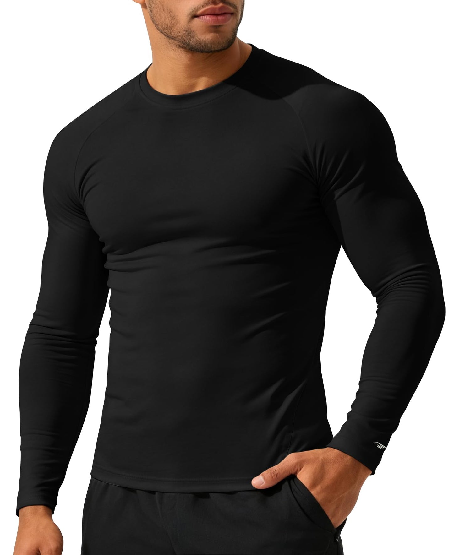 RGJU Long Sleeve Athletic Shirt Men Slim Fit Outdoor Running Thermal Crewneck Tops Base Layer T-Shirt Moisture Wicking(Black,M)