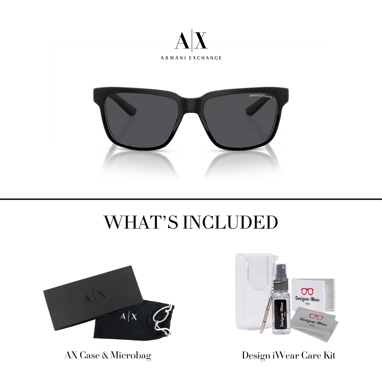 Armani Exchange A|X AX4026S 812287 56M Matte Black/Glossy Black/Grey Solid Square Sunglasses for Men for Women+Bundle with Accessory Eyewear Kit
