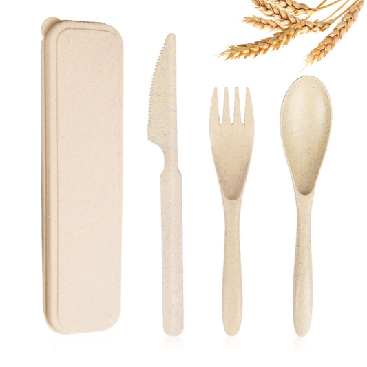 YDYTOP Reusable Travel Utensils Set with Case, Beige Wheat Straw Portable Knife Fork Spoons Tableware, Eco-Friendly BPA Free Cutlery for Kids and Adults as Travel Picnic Camping Utensils