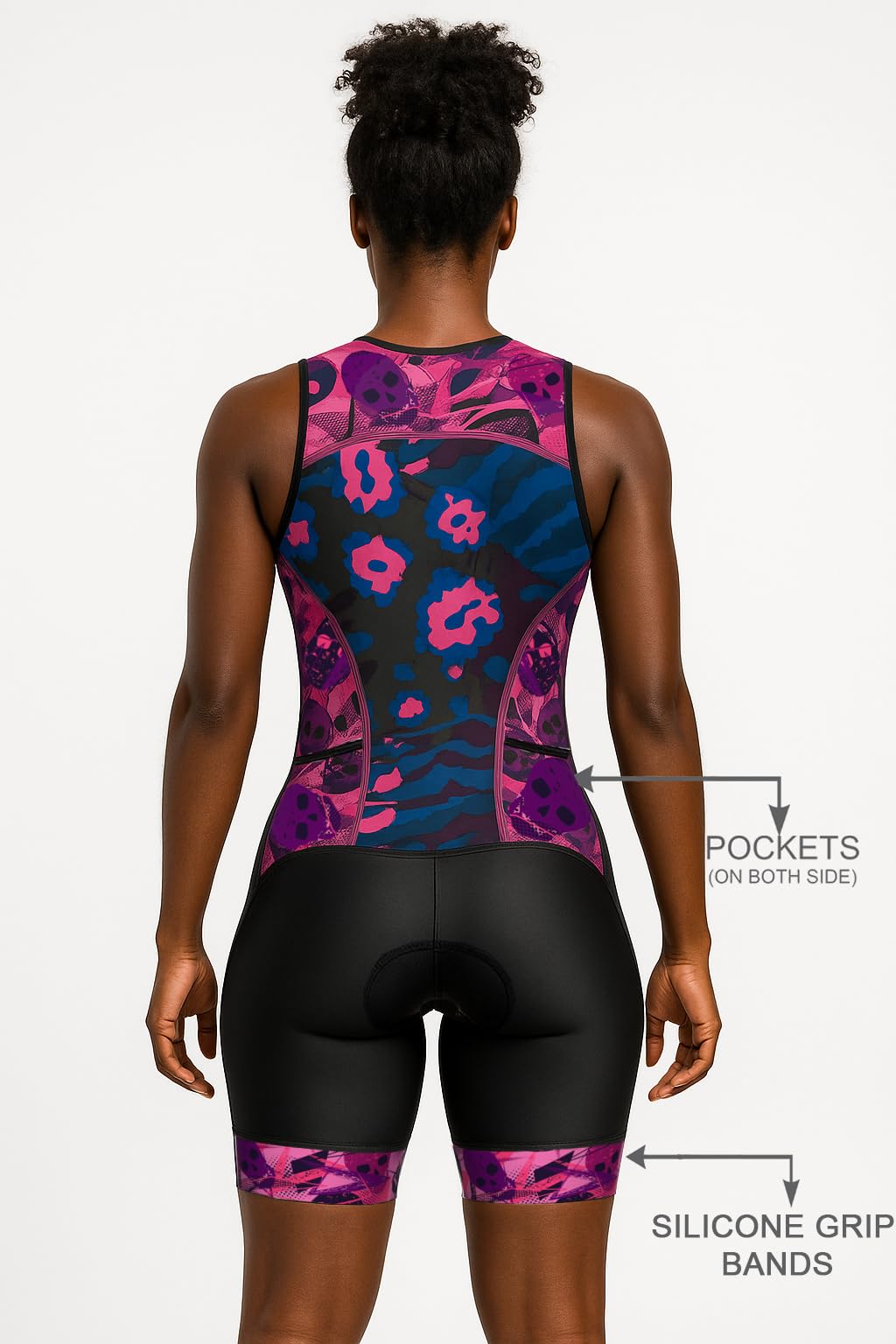 WIXEN Women's Triathlon Suit Sleeveless Tri Suit Padded Cycle Race Swim Bike Run Trisuit Back Pockets (Skins, L)