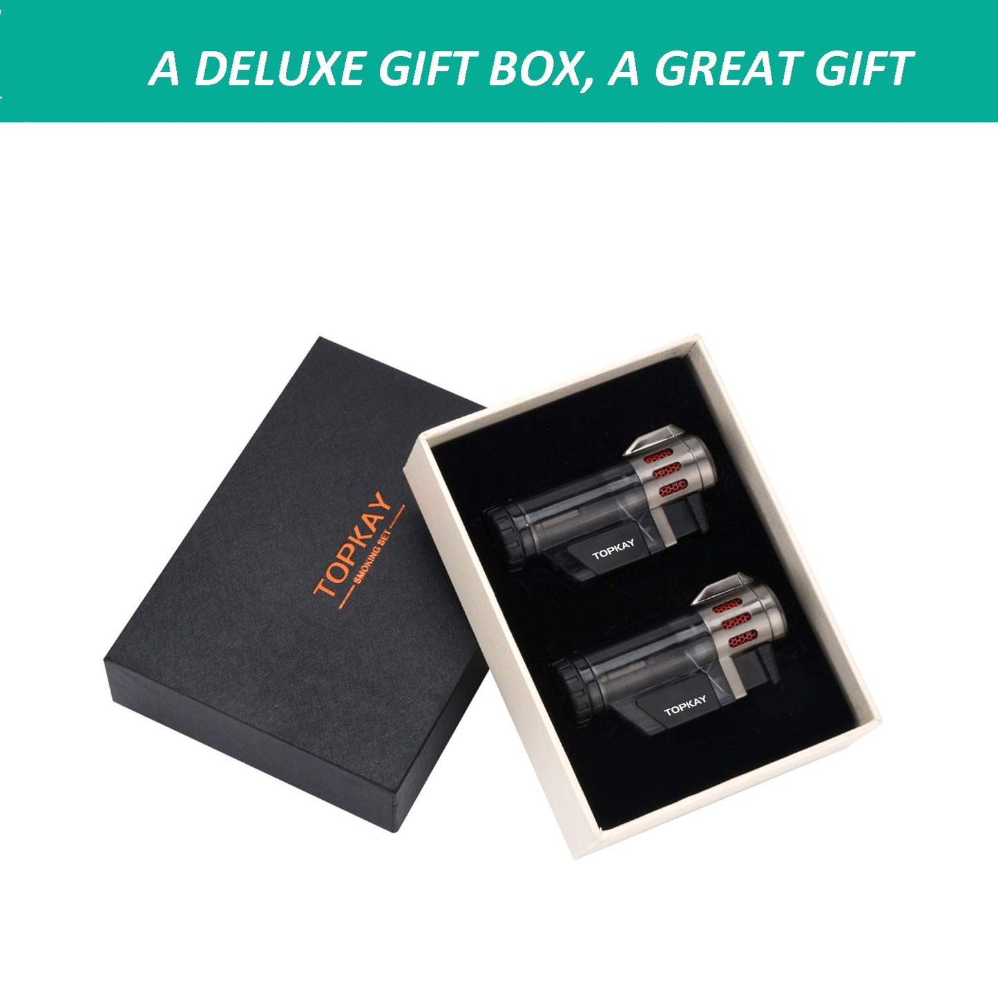 Cigar Lighter Triple Jet Flame Butane Torch Lighters Windproof Butane Refillable Gas Torch Lighters with a Gift Box, 2 Pack (Without Gas)