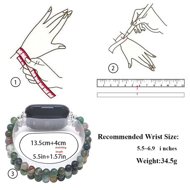 C&L Accessories Fashion Wristband Compatible with Fitbit Versa 2 Bands Beaded Adjustable Bracelet Band for Women (Indian Agate)