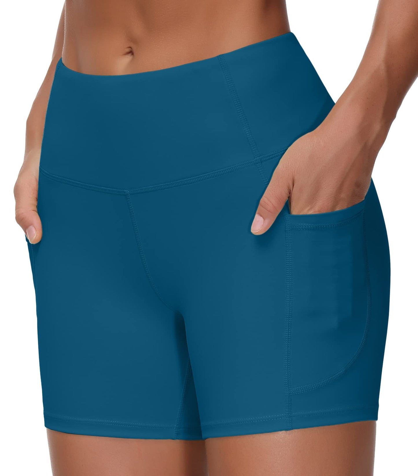 THE GYM PEOPLE High Waist Yoga Shorts for Women's Tummy Control Fitness Athletic Workout Running Shorts with Deep Pockets(Large, Dark Blue Green)