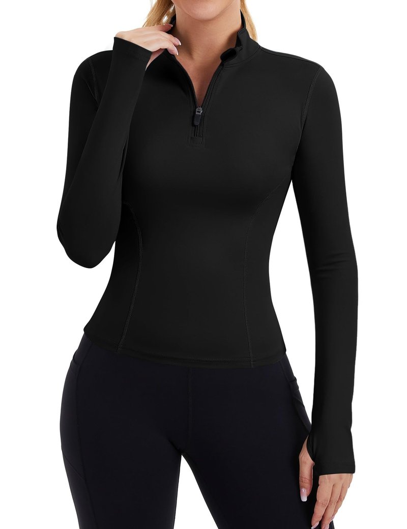 ZHENWEI Long Sleeve Workout Tops for Women Slim Fit BBL Jacket Quarter Zip Pullover Quick Dry Crop Running Jacket Athletic Gym Shirt (Black,L)