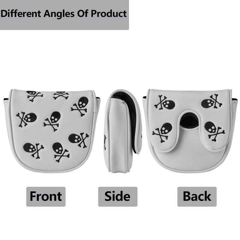 Gbourly Embroidery Skeleton Skull Golf Club Mallet Putter Head Cover Fits for DF3 Club Magnetic Closure Center Shafted PU Leather Headcover (White)