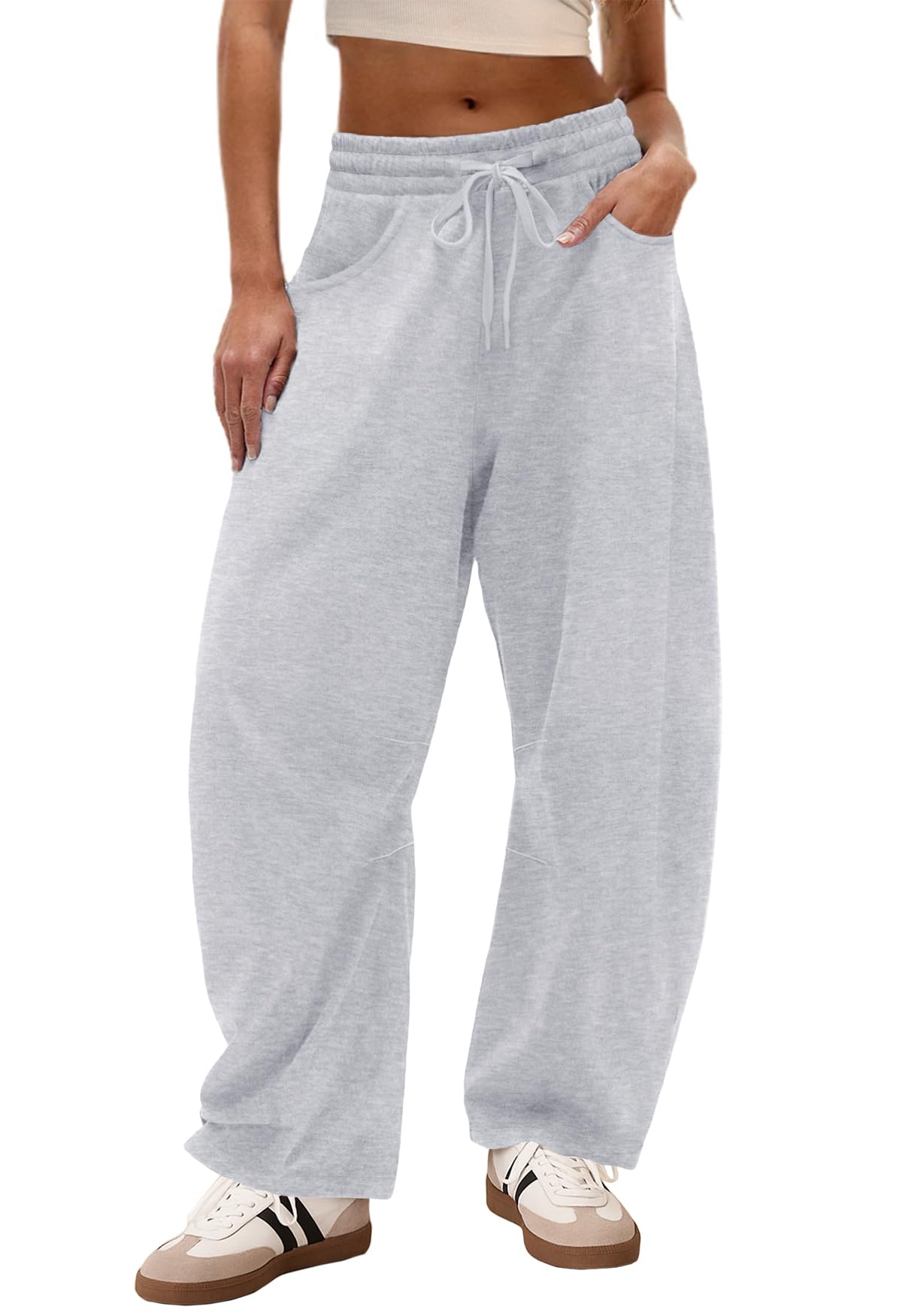 IWD Womens Sweatpants 2026 Baggy Wide Leg Pants Casual Elastic Waisted Drawstring Barrel Sweat Pants with Pockets (Light Grey, Large)