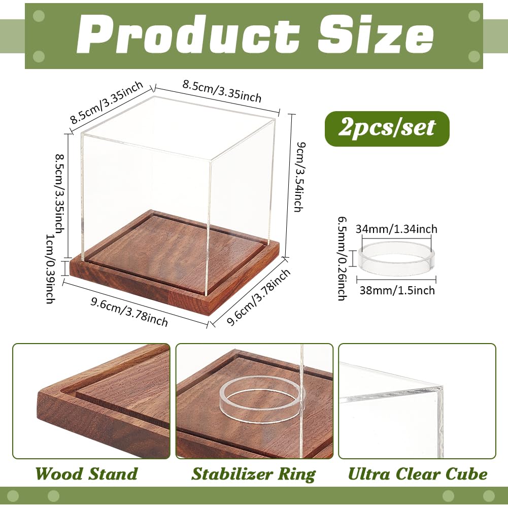PH PandaHall 2PCS Baseball Display Case Clear Actylic Display Box Cube Tennis Ball Holder Stand Single Ball Showcase with Brown Wood Base and Ring for Memorabilia and Autographed Balls