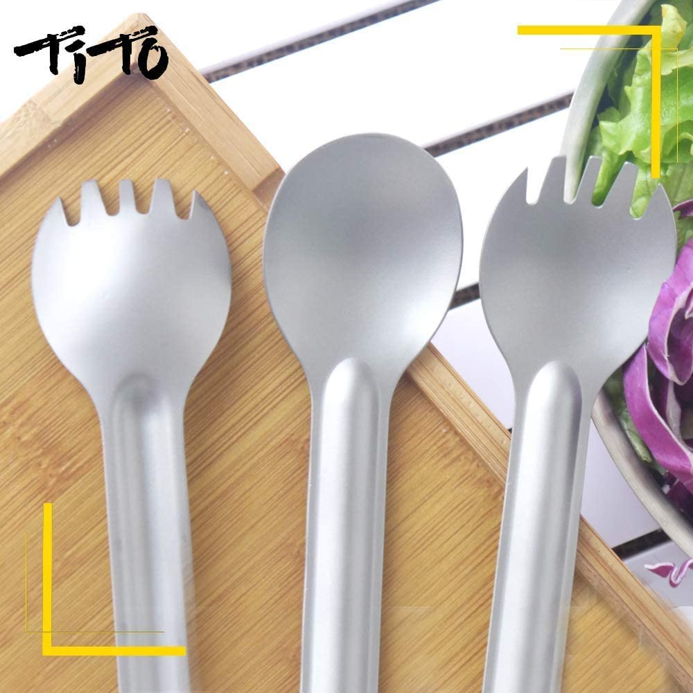 TiTo Titanium Long Handle Spork and Spoon Eco-Friendly Ultralight Portabale Flatware for Outdoor Camping Backpacking Hiking Travel Picnic Tableware with Bag (2Pcs Sandblasting)