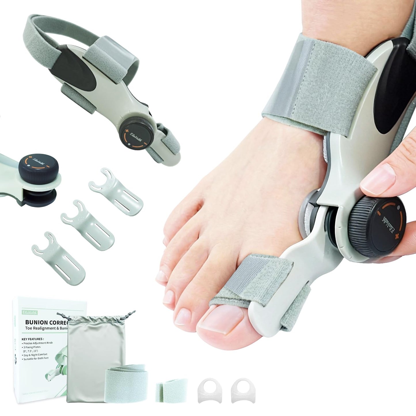Bunion Corrector for Women Big Toe - US Patent 3 Precision Angles (0°/7.5°/15°) Adjustable Toe Straightener & Bunion Splint Brace with Extra Straps & Toe Separator, Fits Left & Right Foot by EliaValth, Large, Brown 1 PACK