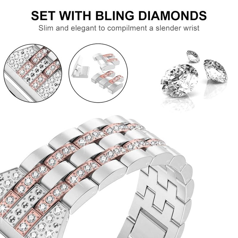 Mtozon Bands Compatible with Fitbit Versa 2/Versa Lite/Versa, Women Replacement Metal Rhinestone Bling Bracelet Wristband, Silver with Rose Gold
