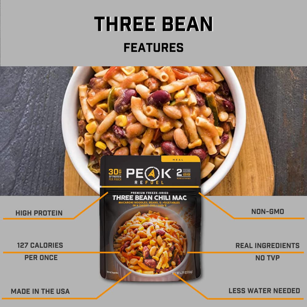 Peak Refuel Three Bean Chili Mac| Premium Freeze Dried Camping Food | Backpacking & Hiking MRE Meals | Just Add Water | 100% Real Ingredients | 30g of Protein | 2 Serving Pouch