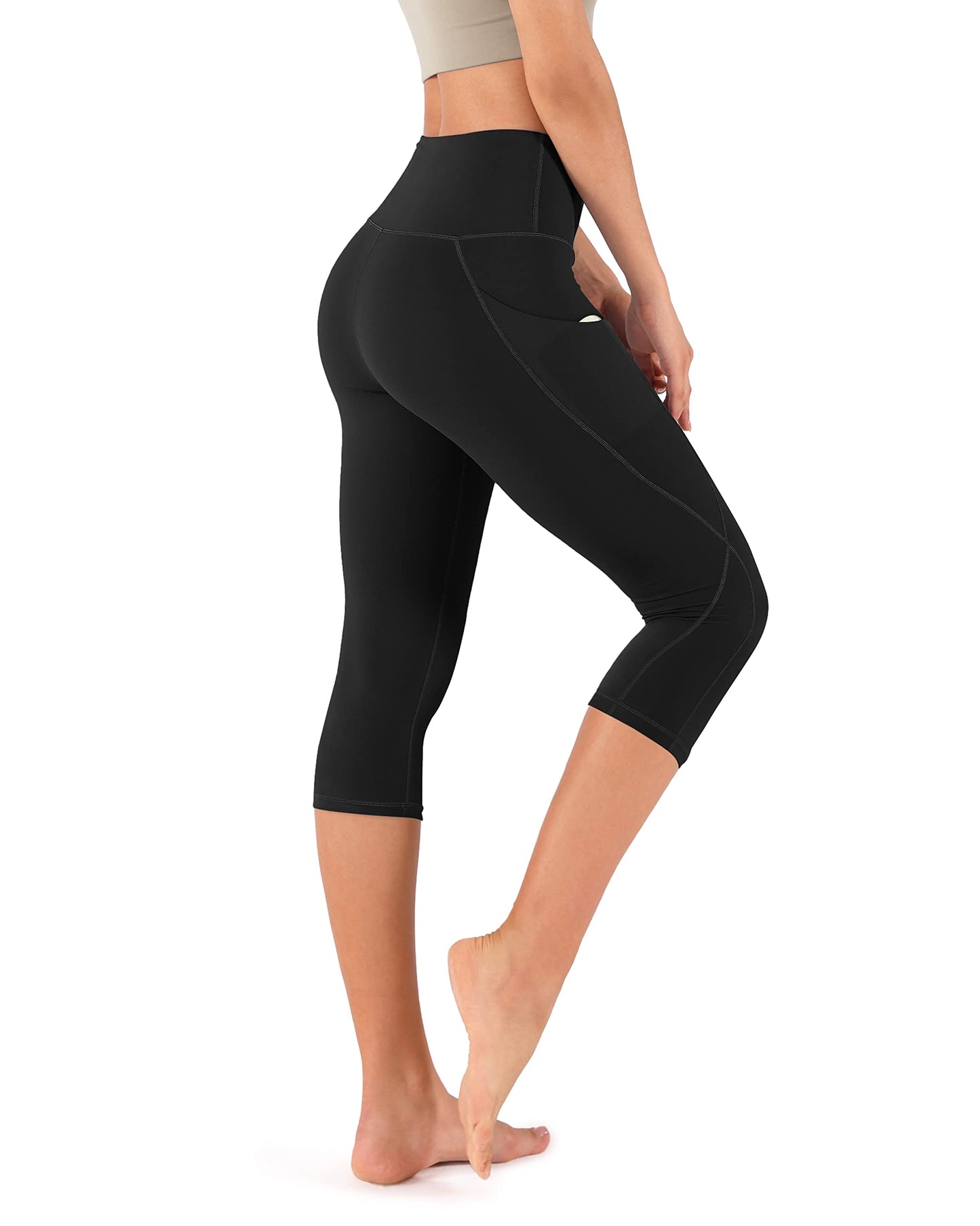 ODODOS Women's High Rise Yoga Capris with Pockets,Tummy Control Non See Through Workout Athletic Running Capri Leggings, Plus Size, Black,XX-Large