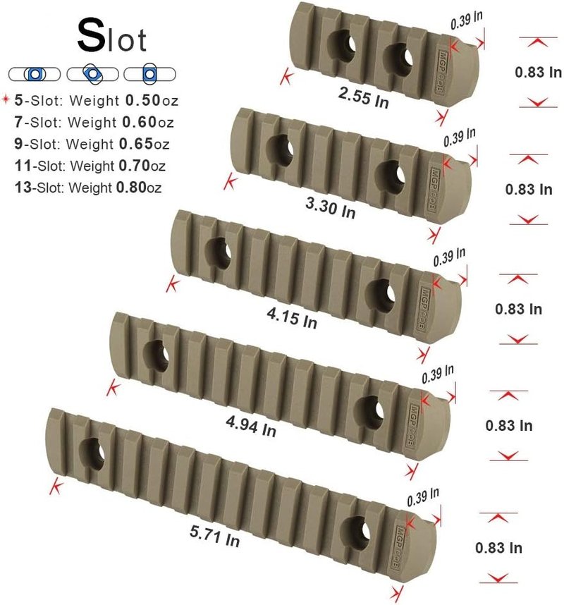 Aecktech Polymer Rail Sections - Lightweight 5-Slot, 7-Slot, 9-Slot, 11-Slot, 13-Slot with 10 Nuts & Screws | 5 Pieces (Tan)