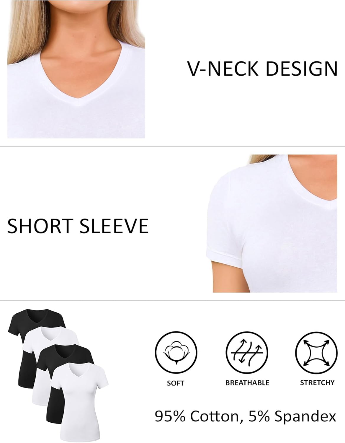 V Neck Cotton T-Shirts for Women - Short Sleeve Basic Tees | Multipack Options Available