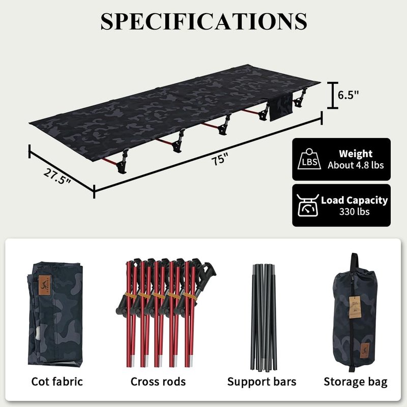 TOMOUNT Camping Cot Ultralight Folding Width 2.3ft Camping Cot for Adults Backpacking Cot for Camping Hiking Camping cots(Black Camouflage)
