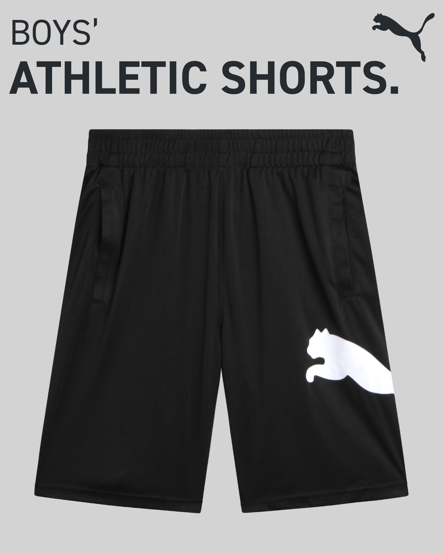 PUMA Boys Athletic Shorts - Quick Dry Breathable Interlock Performance Boys Basketball Shorts with Pockets (Sizes: 4-20), Size 14-16, Puma Black/White