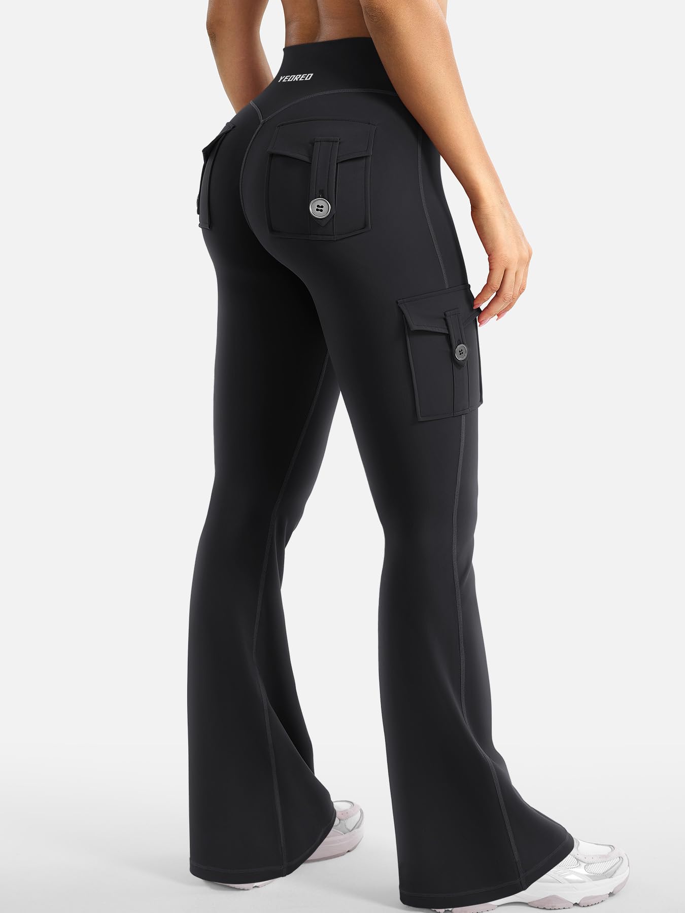 YEOREO CoreFlex Women Workout Flare Leggings with Pockets Hidden Scrunch Cargo Gym Yoga No Front Seam Leggings Black XL
