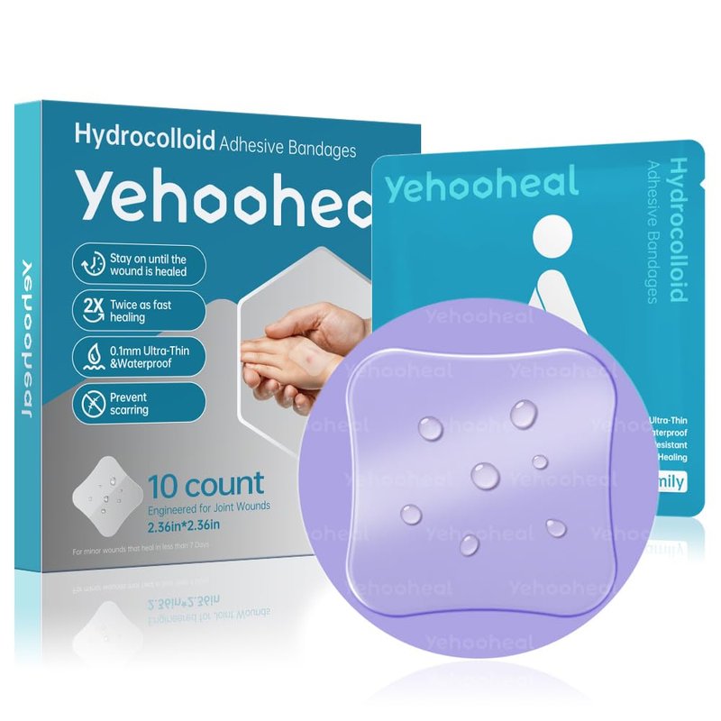 yehooheal Hydrocolloid Adhesive Bandages Dressing,Stays on for 7 Days 0.004inch Ultra-Thin Skin-Like Waterproof Faster Healing Patch,for Home Travel First Aid Sensitive Skin(2.36in*2.36in, 10Count)