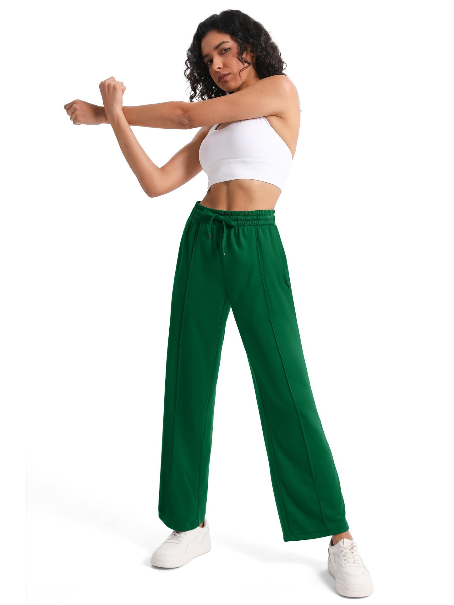 Tapata Long Women 32" Inseam Warm Up Track Pants Wide Leg Sweatpants Lightweight Side Stripe Ladies Slacks Workout, Green, XXL