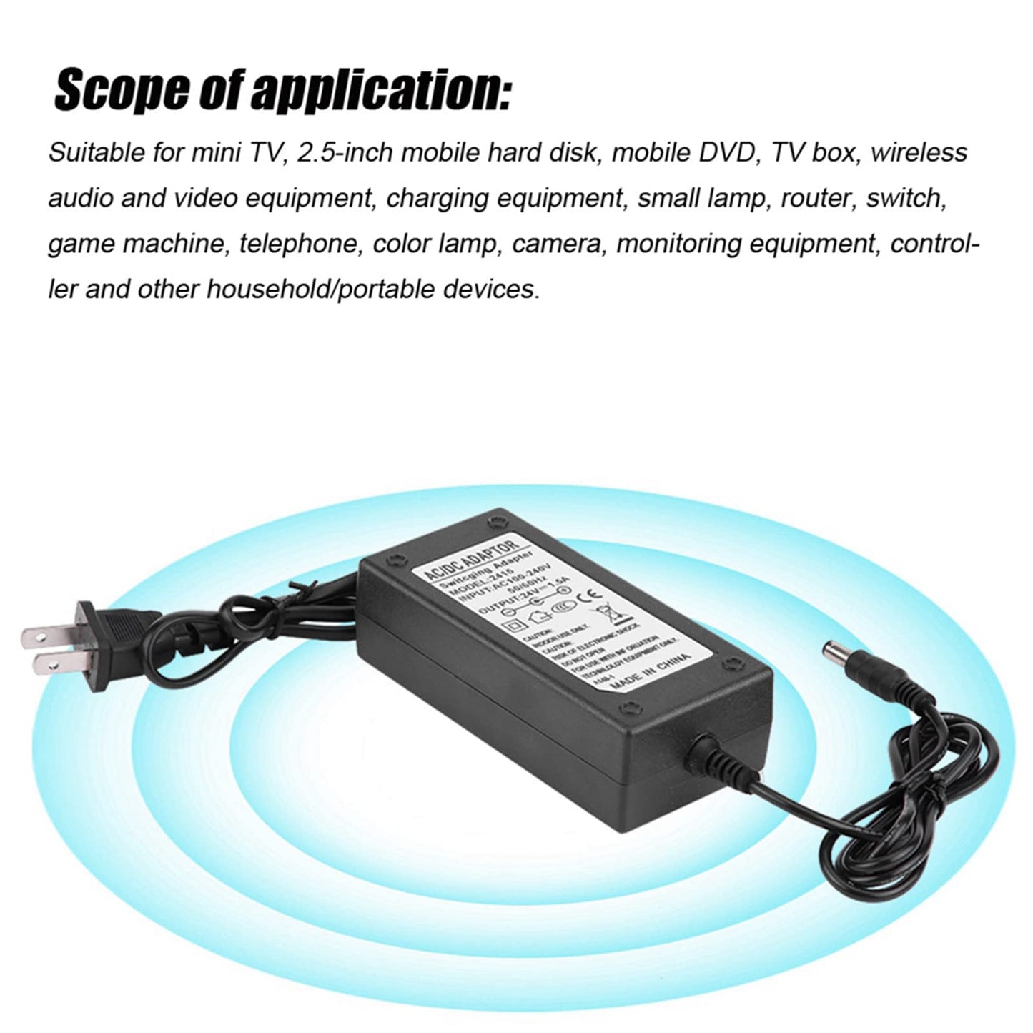 Switching Adapter 24V 1.5A AC, High Efficiency Power Supply with Wide Input Voltage Range, Short Circuit Protection, Anti Interference, for Electric Scooter