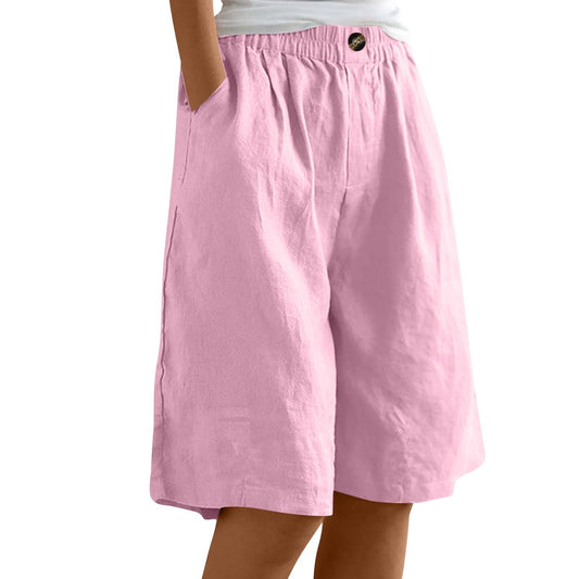 Plus Size Shorts for Women Summer Lounge Bermuda Knee Length Cotton Linen Short Sweatpants Wide Leg High Waisted Loose fit Baggy Elastic Cargo Shorts Ladies Comfy Clothing Trousers(Pink,XX-Large)