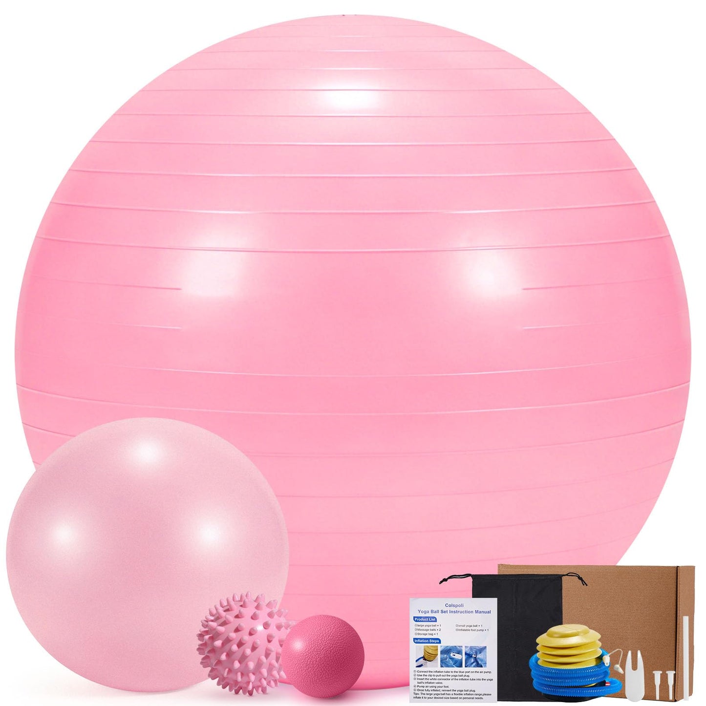 4Pcs Yoga Ball Set includes Large and 9in Pilates Balls, Massage & Spiky Ball for Fitness ,Anti-Burst Exercise Ball with Pumb for Pregnancy,Physical Therapy,Office Chair, Home Workout,3Sizes,Pink