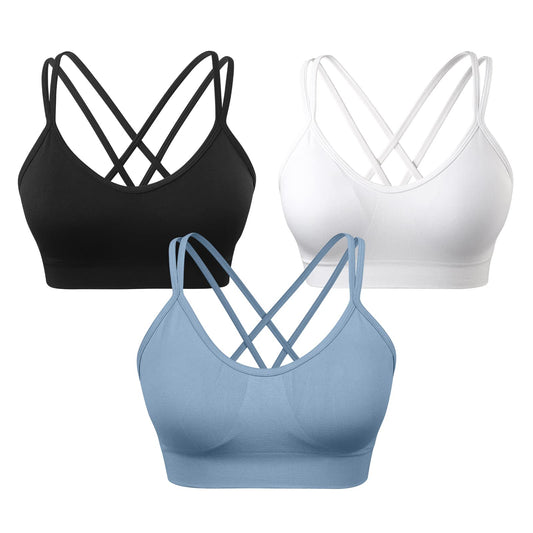 VEQKING Womens Strappy Sports Bras Cross Back Yoga Bras Padded Wirefree Comfort Workout Bras for Fitness Gym Exercise 3 Pack