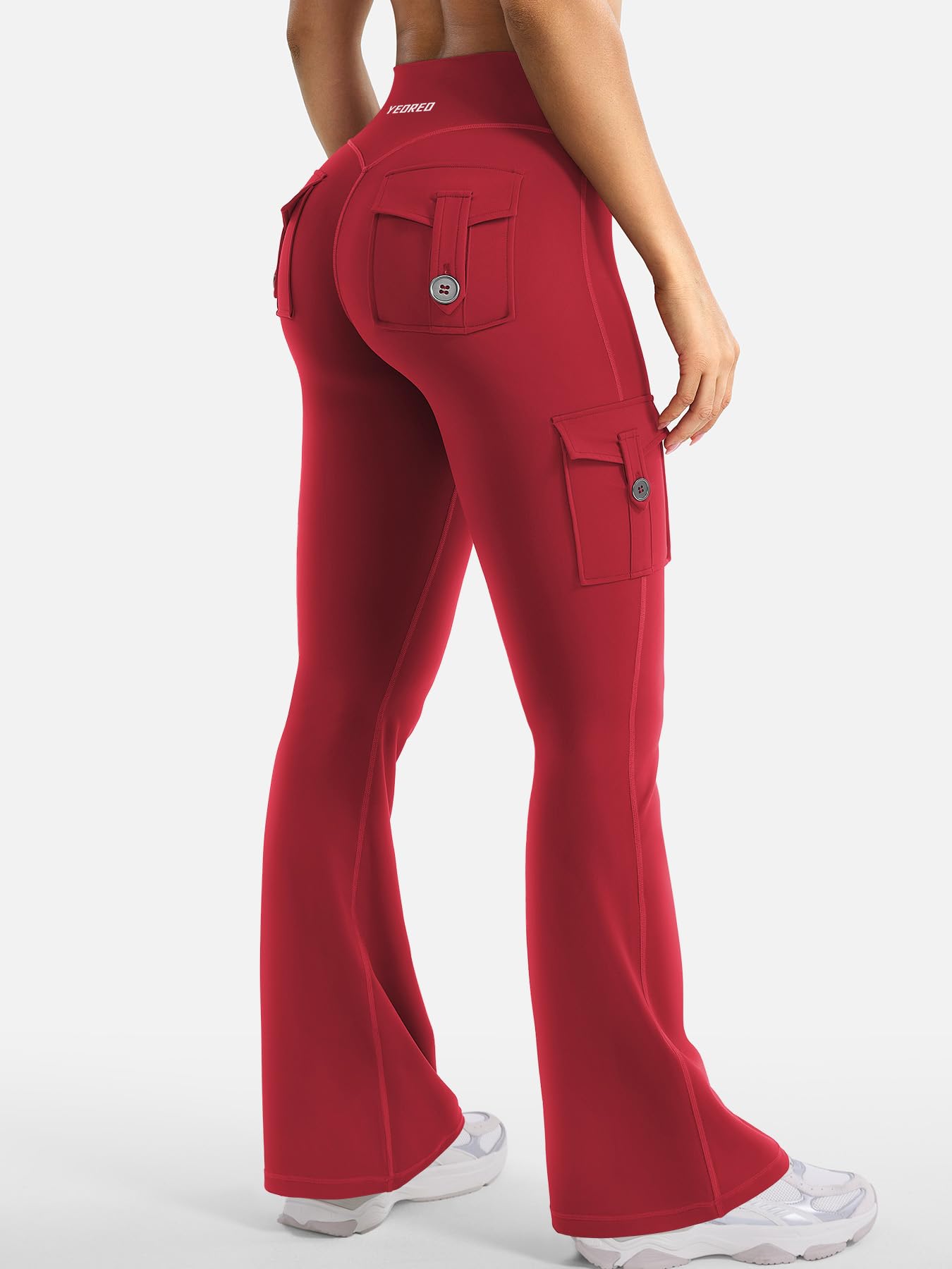 YEOREO CoreFlex Women Workout Flare Leggings with Pockets Hidden Scrunch High Waisted Cargo Gym Yoga No Front Seam Leggings 30" Inseam Red L