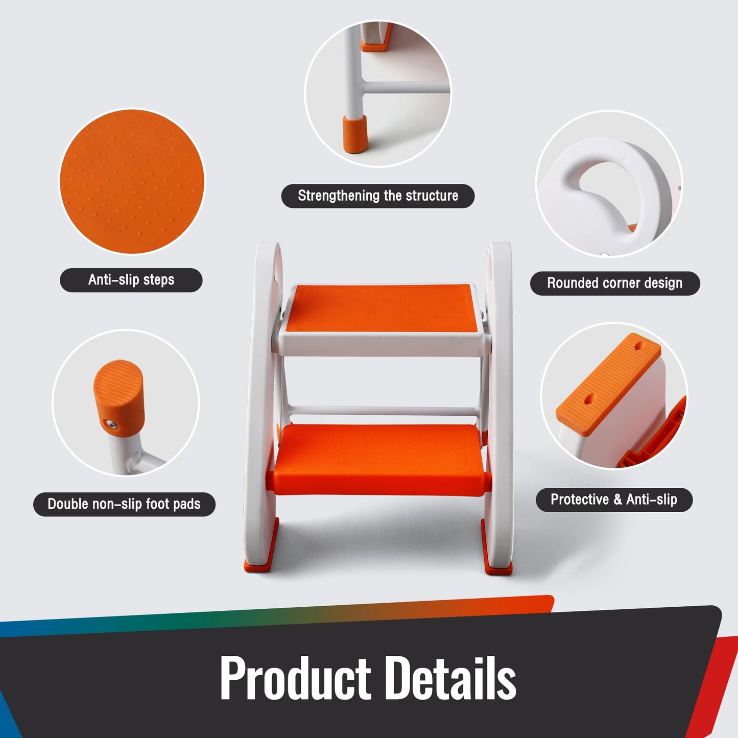 STOODER Toddler Step Stool - Foldable 2-Step Stool with Non-Slip Rubber Feet & Platform, Safety Lock, 300lbs Capacity, Lightweight for Potty Training, Bathroom Sink, Kitchen, Orange