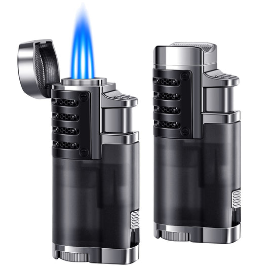 LcFun Refillable Triple Jet Flame Lighter 2 Pack - Adjustable Windproof Butane Torch Lighter for Camping and Candles - Butane Not Included (2 Pack Black)