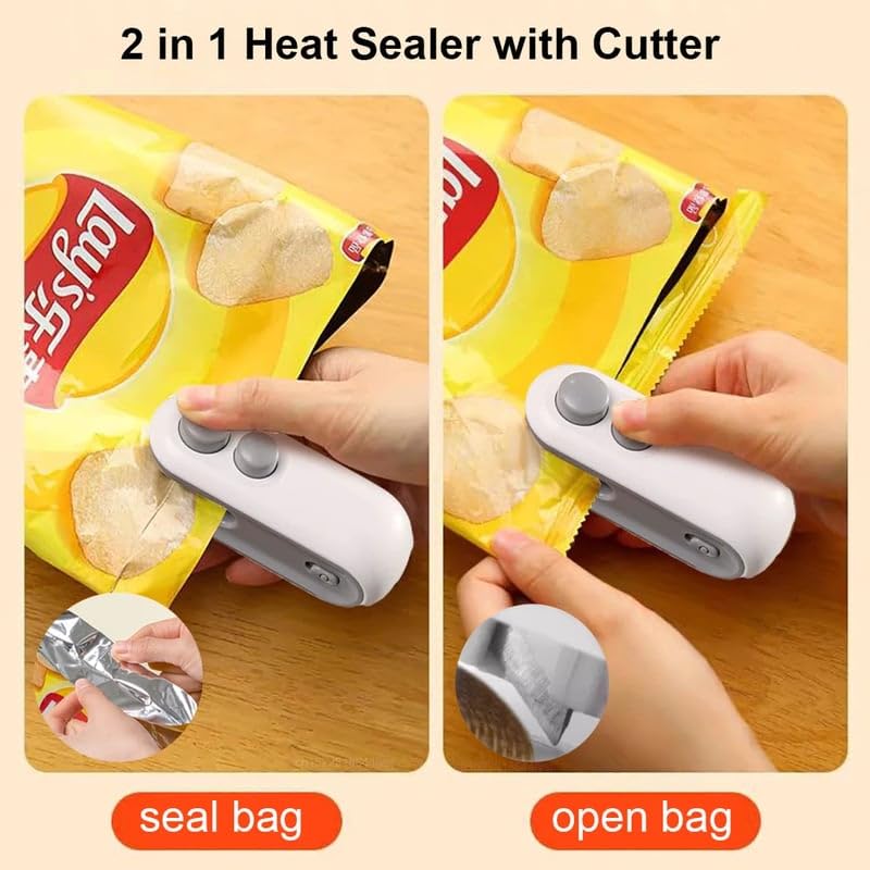 Mini Bag Sealer, 2024 New 2 in 1 Usb Rechargeable Chip Bag Sealer Heat Seal, Portable Handheld Rechargeable Vacuum Food Sealer Bag Sealing Machine for Snacks Chips Fresh Storage (White+Blue)