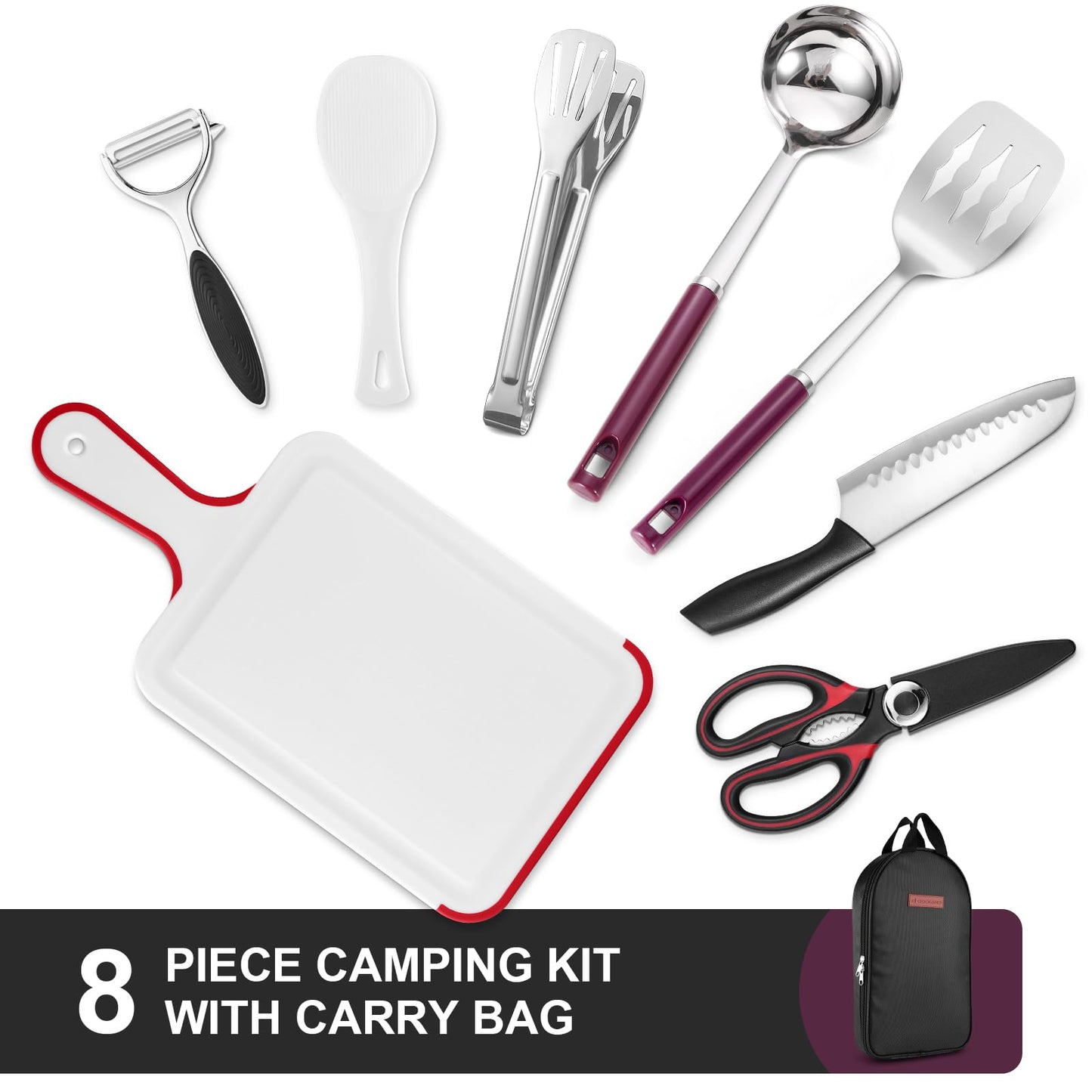 Odoland 8 Pcs Camping Cookware Utensils Travel Set, Camp Kitchen Utensil Organizer with Tongs, Scissors, Cutting Board, Rice Paddle and Water Resistant Case for Backpacking, Outdoor Camping