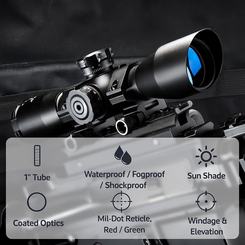 Barska Compact 4x32 Rifle Scope with Red/Green Illuminated Mil-Dot Reticle – Side Rheostat, Sunshade, Flip-Up Caps, External Turrets, Waterproof/Fogproof