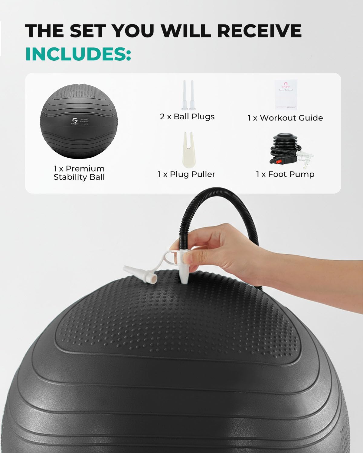 Gruper Yoga Ball, Extra Thick Exercise Ball for Workout Pregnancy Stability - 4 Sizes Anti Burst Balance Ball for Yoga, Pilates, Fitness, Birthing, Physical Therapy - Includes Pump