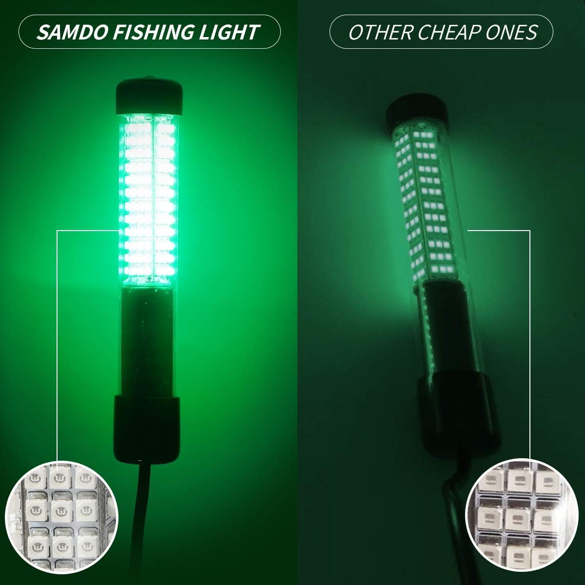 SAMDO IP68 12V LED Underwater Fishing Light 1080 Lumens Fish Attracting Lights, Night Fishing Light 10.8W Upgraded