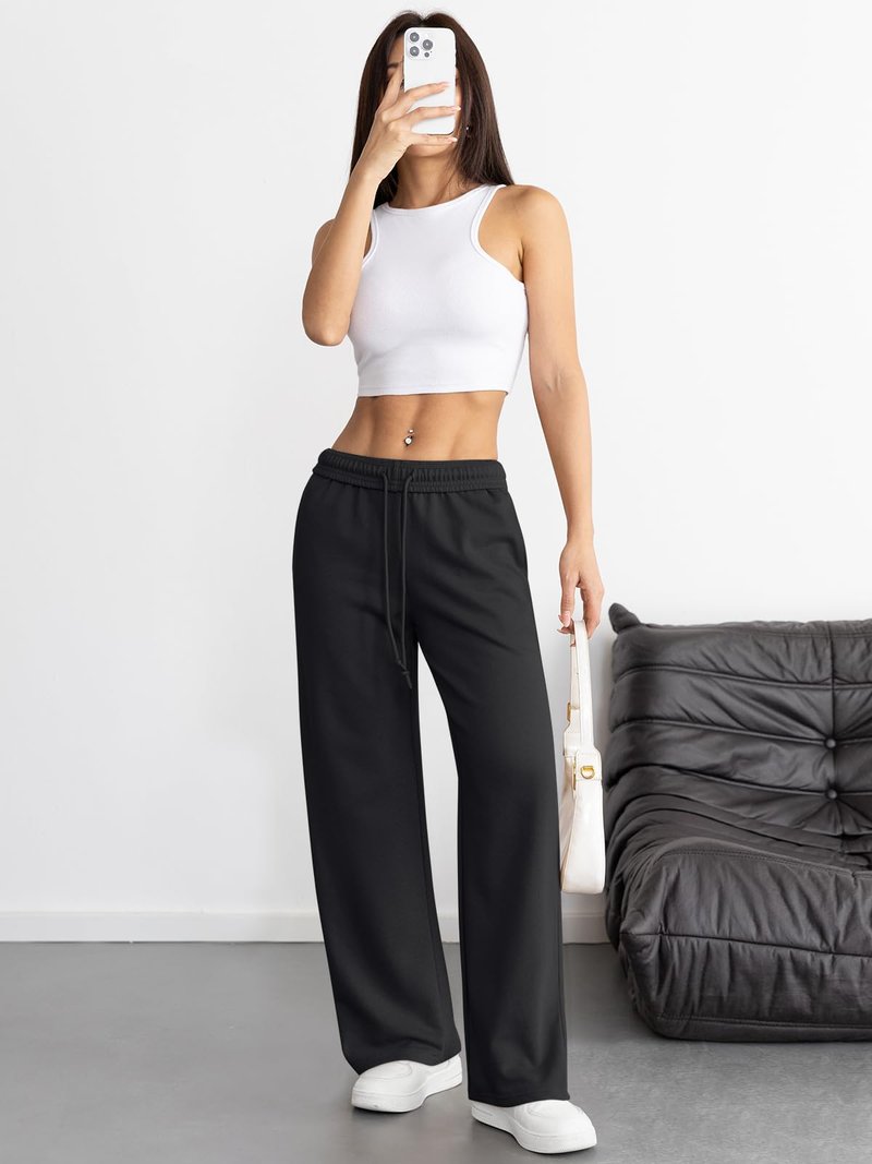 ATHMILE Women's Wide Leg Sweatpants High Waisted Baggy Interior Drawstring Joggers Straight Leg Sweat Pants with Pockets Black