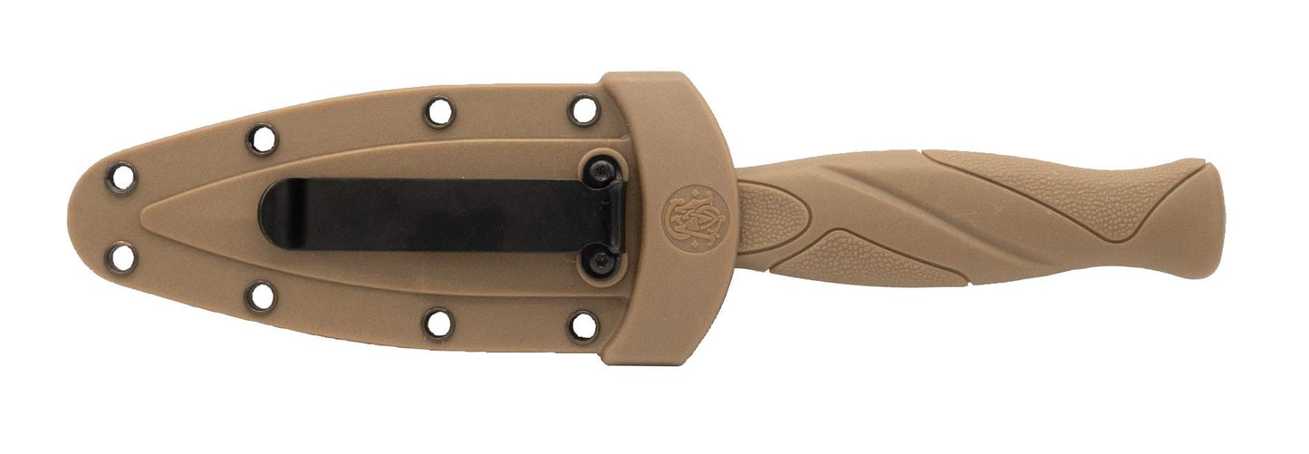 Smith & Wesson FDE 6.25in High Carbon S.S. Boot Knife with 2.75in Single Edge Blade and Rubberized Handle for Outdoor Survival, Camping and EDC,Tan