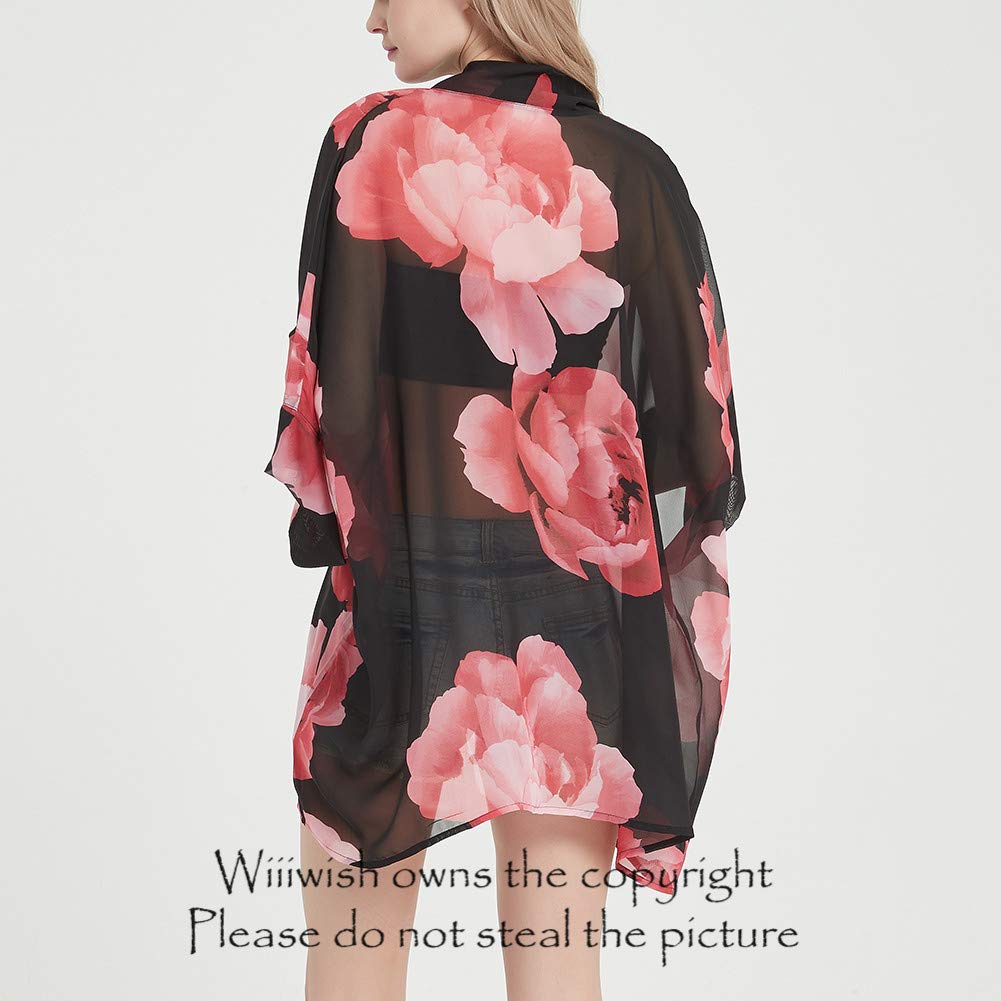 Womens Bohemian Floral Sheer Chiffon Kimono Beach Bikini Cover up Cardigan Capes Tunic