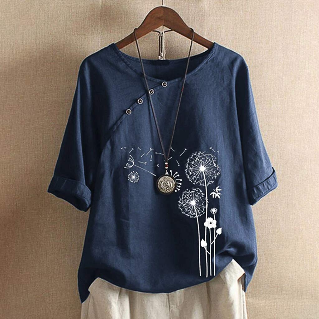 Womens Cotton Linen Short Sleeve Tops Casual Crew Neck T Shirts Embroidered Blouse Plus Size Loose Fit Summer Tunics