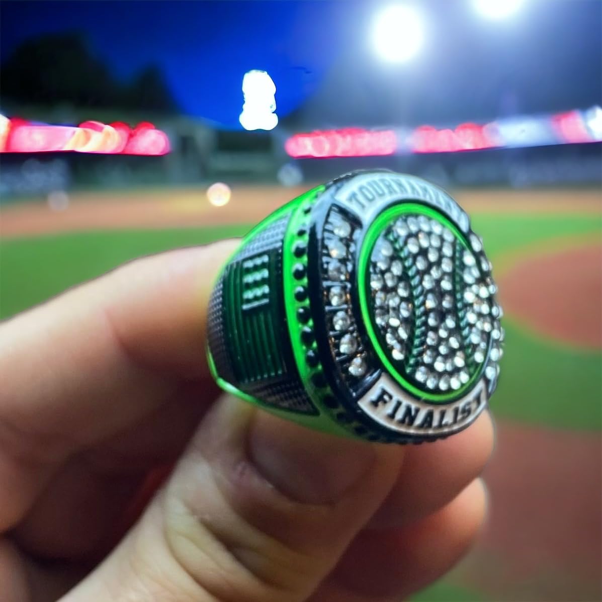 1 or 12 Pack Neon Green Baseball Softball Championship Trophy Ring Award for Tournament Champion or Finalist (Finalist, 12)