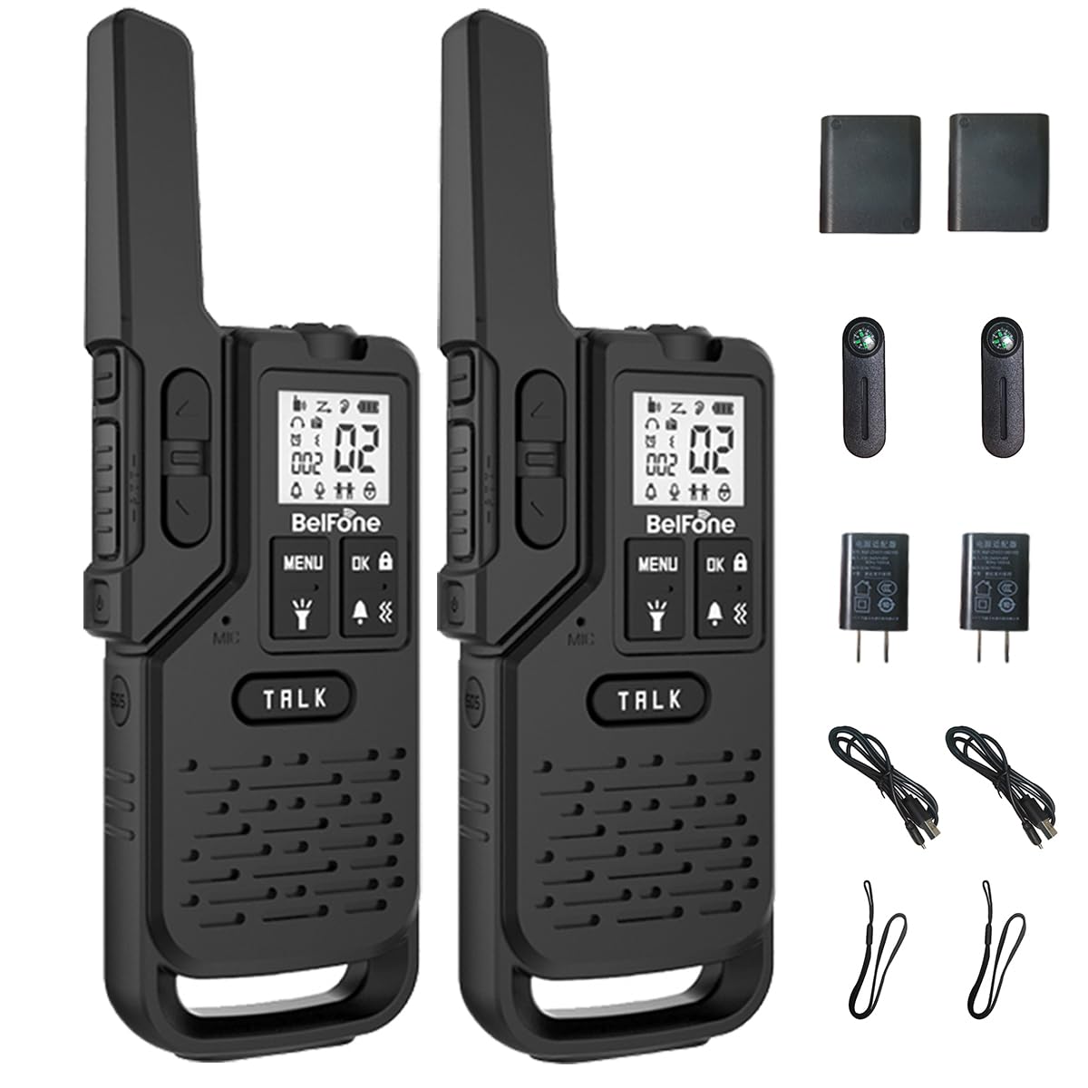 BelFone OG200 Long-Range Walkie-Talkies for Adults,5 Mile Range, 20 Channels, IP54 Waterproof, Built-in Flashlight, Stopwatch, Compass & NOAA,SOS for Outdoor,Camping & K12 School Use（2 Pack）
