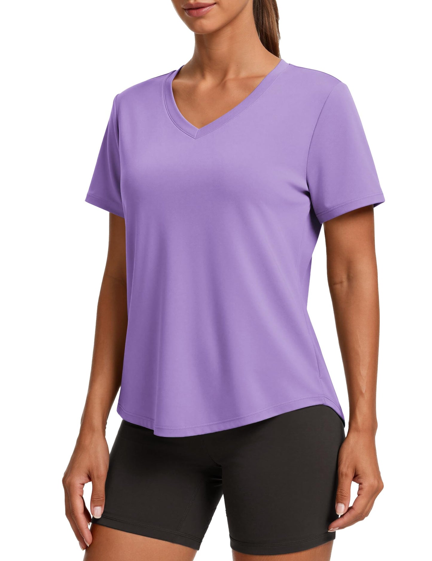 PINSPARK Hiking Shirts for Women UPF 50 Sun Protection Short Sleeve V Neck Moisture Wicking Quick Dry Outdoor Athletic Tops,Lavender X-Large
