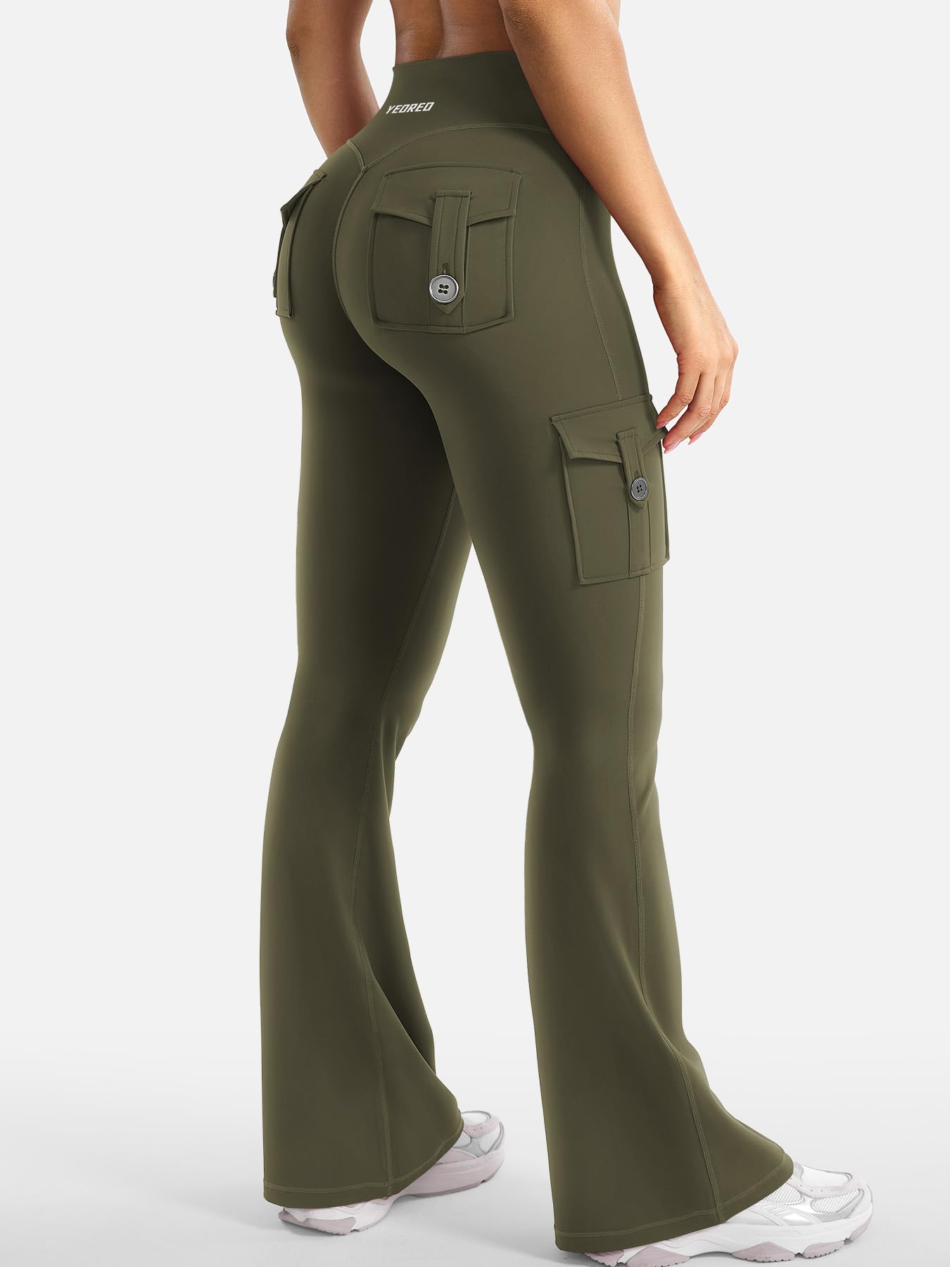 YEOREO CoreFlex Women Workout Flare Leggings with Pockets Hidden Scrunch High Waisted Cargo Gym Yoga Leggings Army Green XS