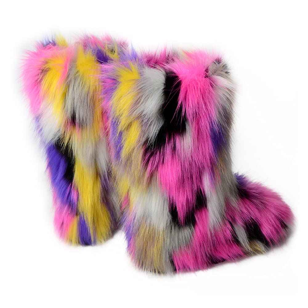ZOSCGJMY Faux Fur Boots for Women Fuzzy Fluffy Furry Round Toe Suede Winter Snow Boots Flat Shoes Multicolor-6 10