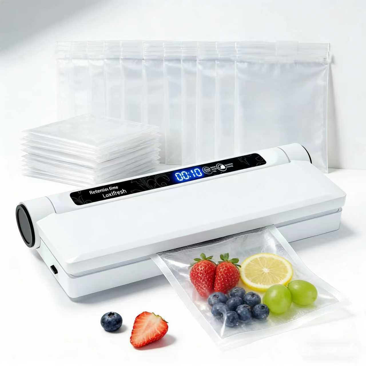 Food Vacuum Sealer Machine, 75KPA Strong Suction, Dry/Wet Modes, 20 Bags Included, Digital Countdown Timer, LED Indicator, Compact Design for Home Kitchen and Food Storage