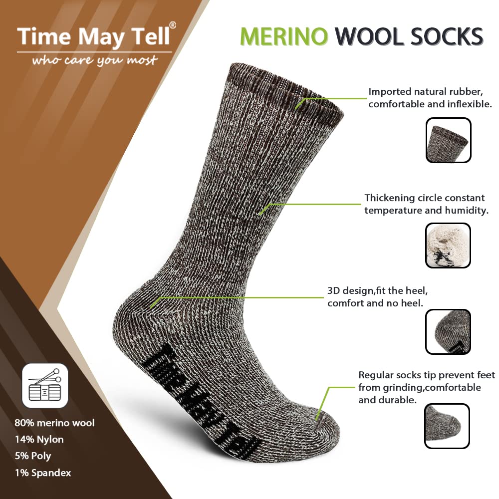 Time May Tell Men&Women Merino Wool Hiking Cushion Socks Pack(2Dark Grey,Light Grey,Brown(4 pairs), US Size 9~13)