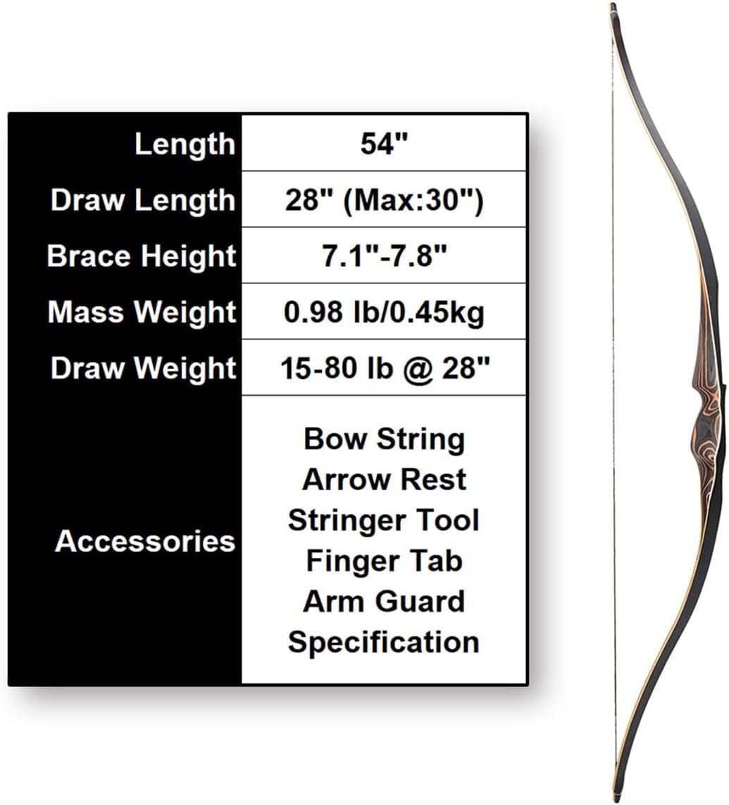 Deerseeker Outdoor Archery 54" Traditional Bow Hunting Longbow with Bamboo Core Limbs Handmade Recurve Bow RH/LH for Targeting Practice Shooting Youth & Adults Bow Set (45lb, Right Hand)