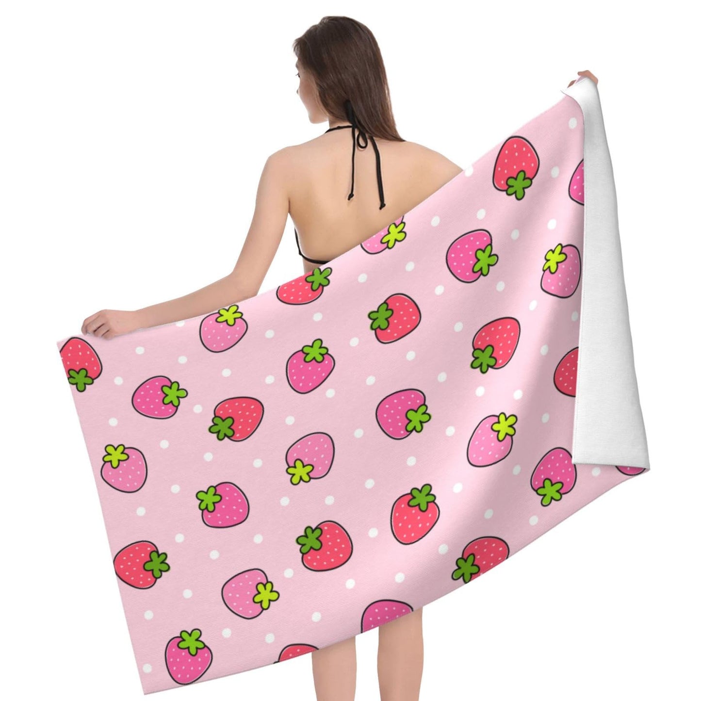 VOOHDDY Cute Pink Strawberry Dot Girly Beach Towel Soft Absorbent Microfiber Quick Dry Large Bath Towels for Bathroom Women Men Girls Pool Camping Travel Swimming Picnic Sports