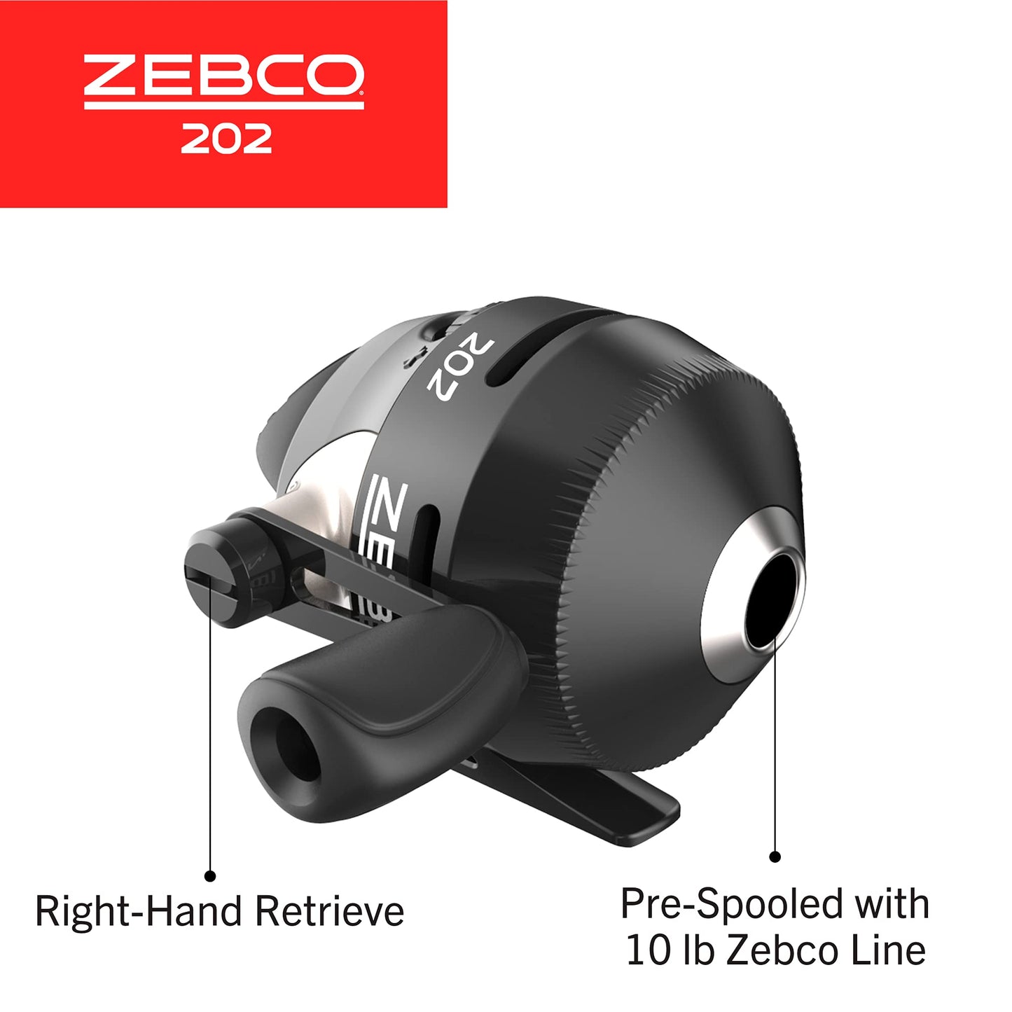 Zebco 202 Spincast Fishing Reel, Size 30 Reel, Right-Hand Retrieve, Durable All-Metal Gears, Stainless Steel Pick-up Pin, Pre-Spooled with 10-Pound Zebco Fishing Line, Black, Clam Packaging