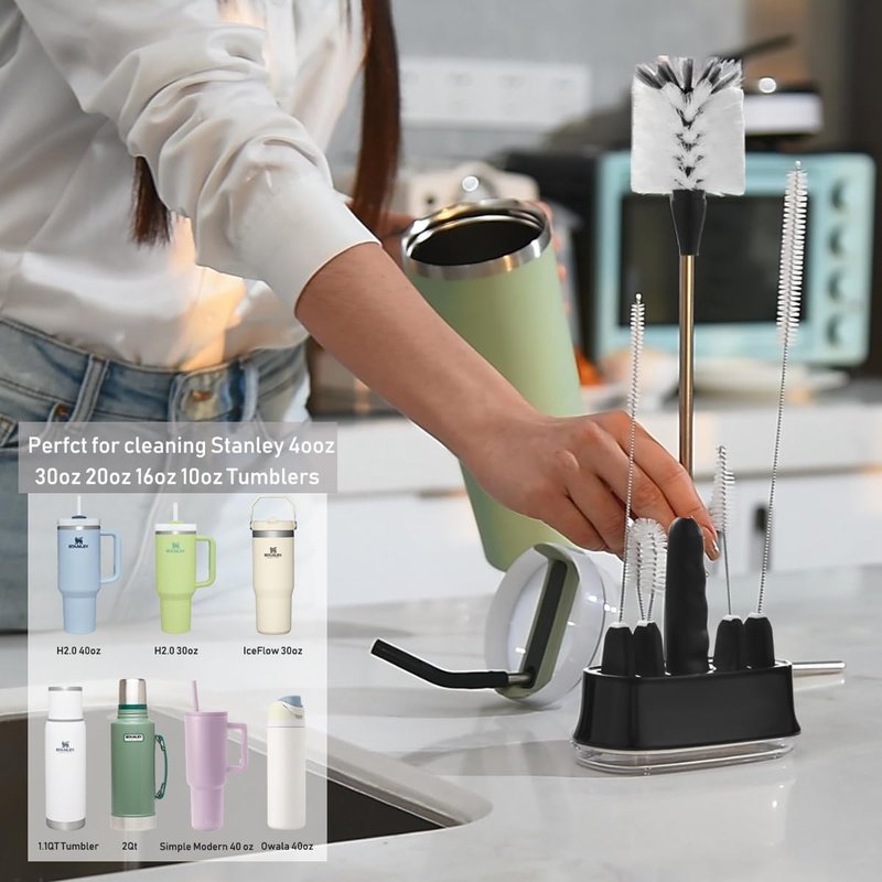 ALINK 5 Pack Bottle Brush Cleaning Set with Holder, Bottle Cleaner with Stand, Straw Nipple Lid Brush for Stanley， Yeti, Owala Tumblers, Starbucks, Mason Jar, Glasses, Jugs - Black